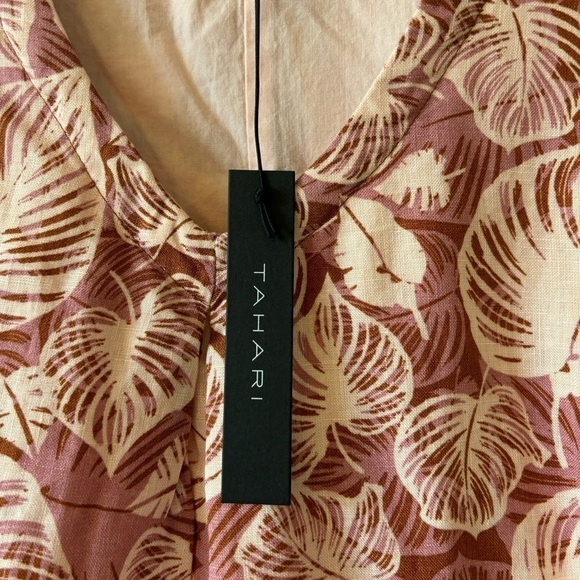Tahari Pink Leaf Print V-Neck Sleeveless Linen A-Line Dress Pockets Size Small - Picture 11 of 11